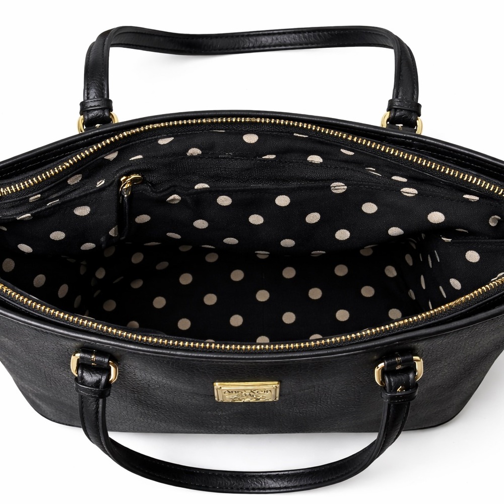 Anne Klein Black Pebbled Leather Tote Gold Lion Medallion - Picture 4 of 5